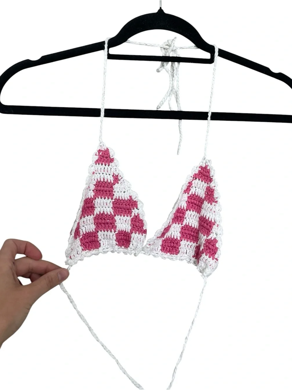 Frankie's Bikinis White & Pink Crochet Triangle Bikini Top